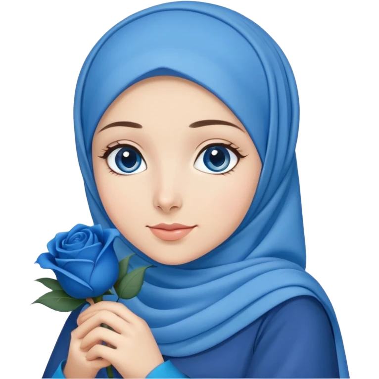 Turkish beautiful finish Konya girl blue eyes with blue hijab islamic dress and had on her hand blue rose bag emoji