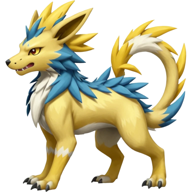 Scaly rough angry serene Asian painted Zeraora-Manectric-Solgaleo-Electrike-Furfrou-Fakemon-fusion, full body emoji