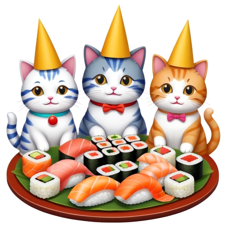 Cats gathered around sushi at a birthday party emoji