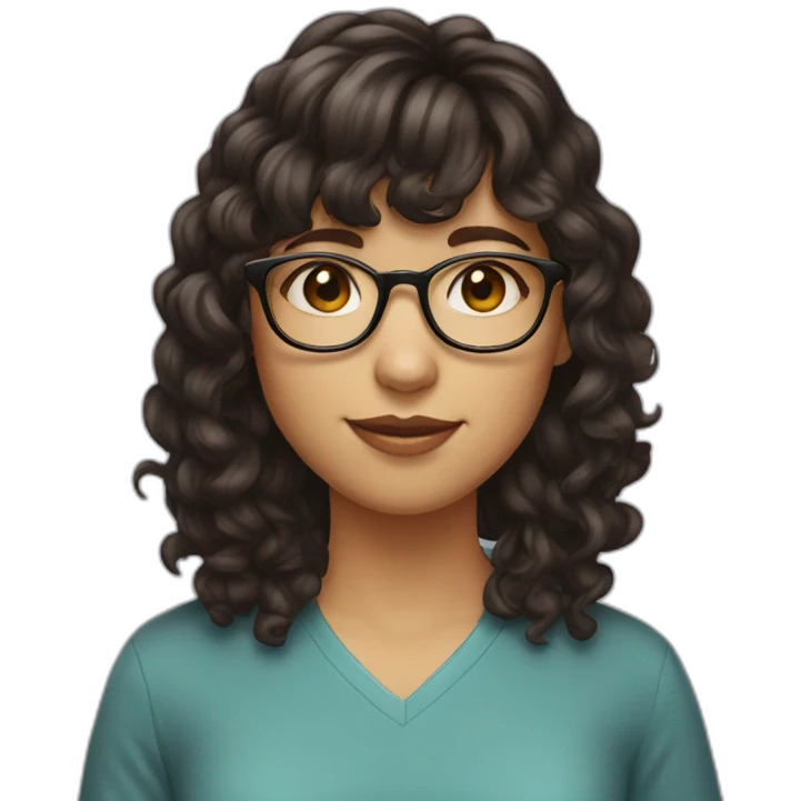 girl with short curly dark brown hair and bangs and she has thin glasses emoji