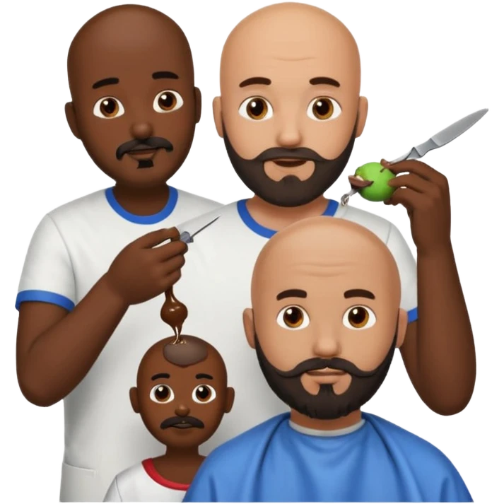 A bald man with a dark brown beard cutting someone’s hair at a barber shop and the other guy is eating a poop ball and the poop ball has eyes emoji
