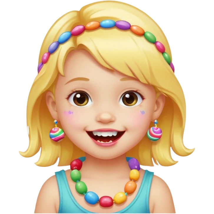 A toddler with candy necklace, grinning with colorful sugar stains on her mouth. emoji