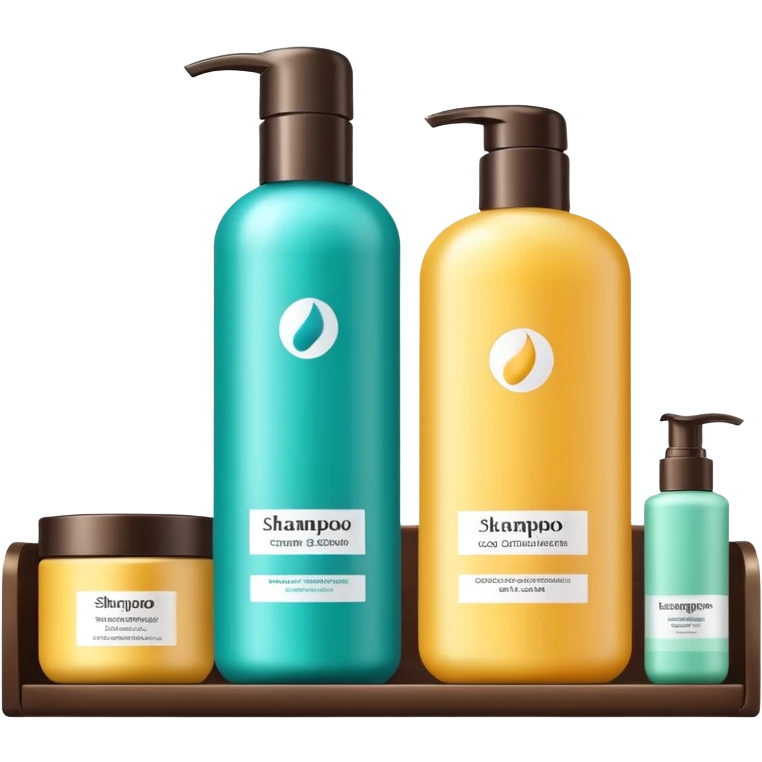 Shampoo bottle, color tube, and conditioner standing on a shelf, products are luxury brand-labeled emoji