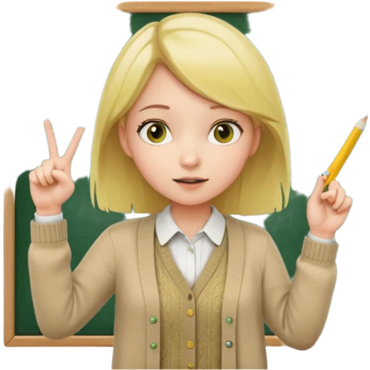 a girl with the same face as the reference image, behind a green chalkboard with math equations, wearing a beige cardigan over a white collared shirt, holding a yellow straight ruler and pointing at the chalkboard, in a teaching pose emoji