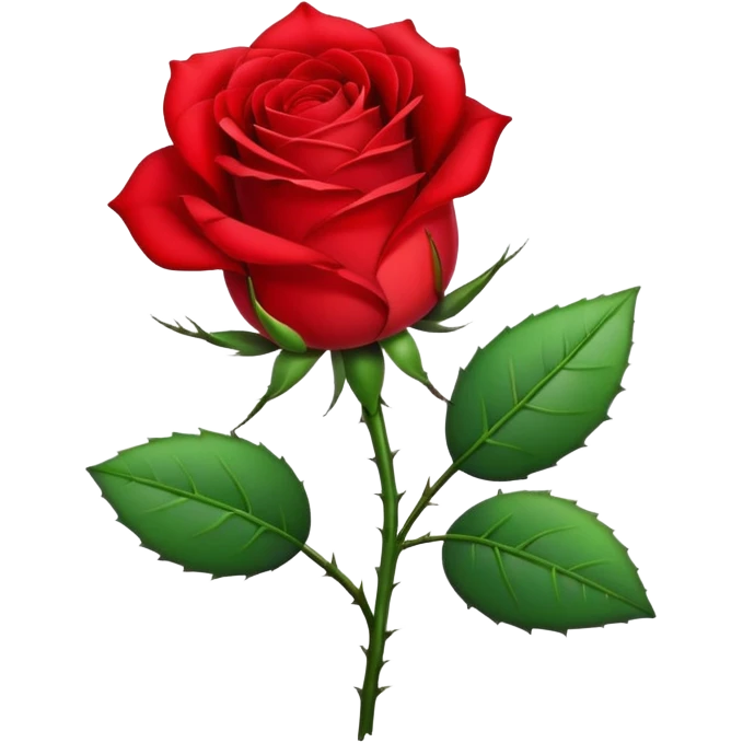 Generate a high-quality image of a single rose flower with stem and leaves, with very small and subtle thorns, realistic color and shading, smooth gradient colors, no human figures, no facial features, no brand markings, simple white background, high-resolution.

 emoji