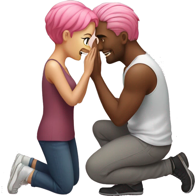Man on his knees in front of a woman with pink hair emoji