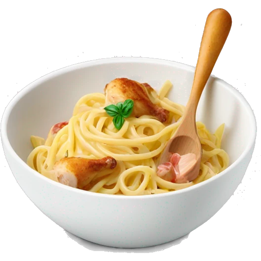 bowl of pasta carbonara with a chicken drumstick as a spoon, white background emoji