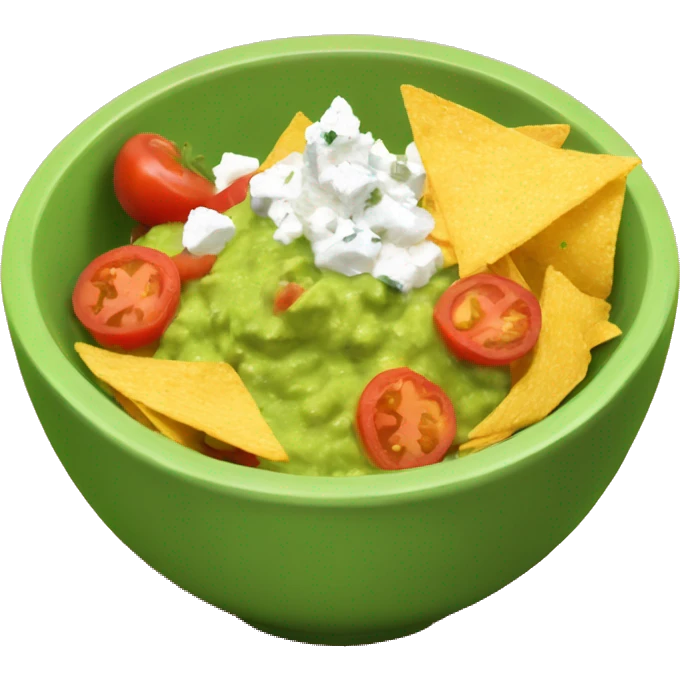 A bowl with gucamole, tomato pieces in it , feta cheese, with nachos and a bottle of coke  emoji