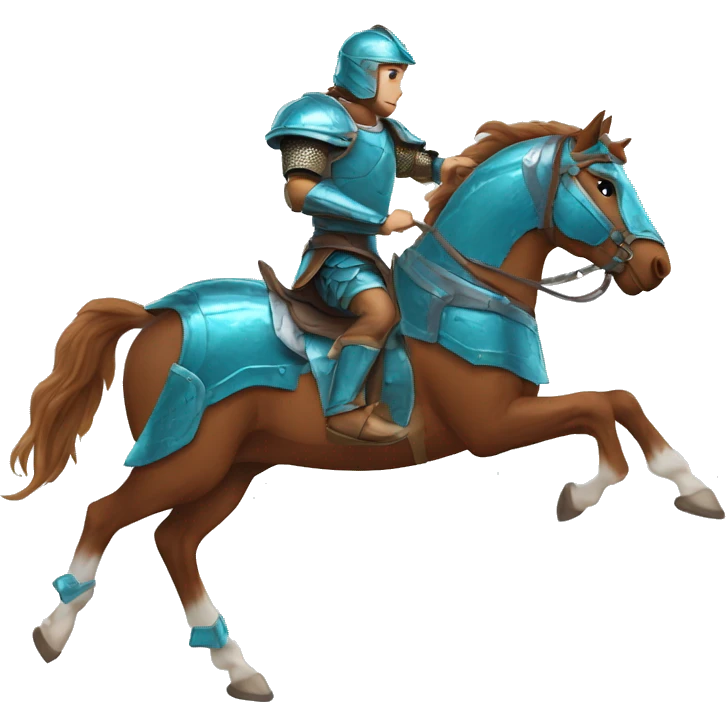 Chestnut brindle horse running galloping wearing blue and cyan armour  emoji