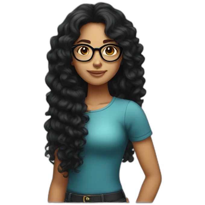 tanned girl with long black curly hair and round glasses emoji
