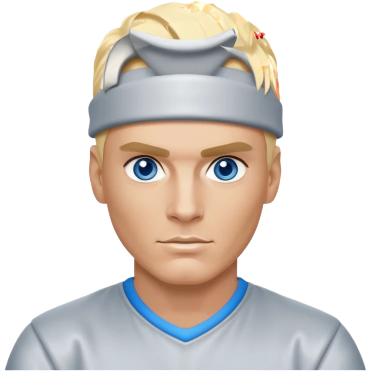 Vanilla Ice with blue eyes, blonde hair, silver outfit emoji