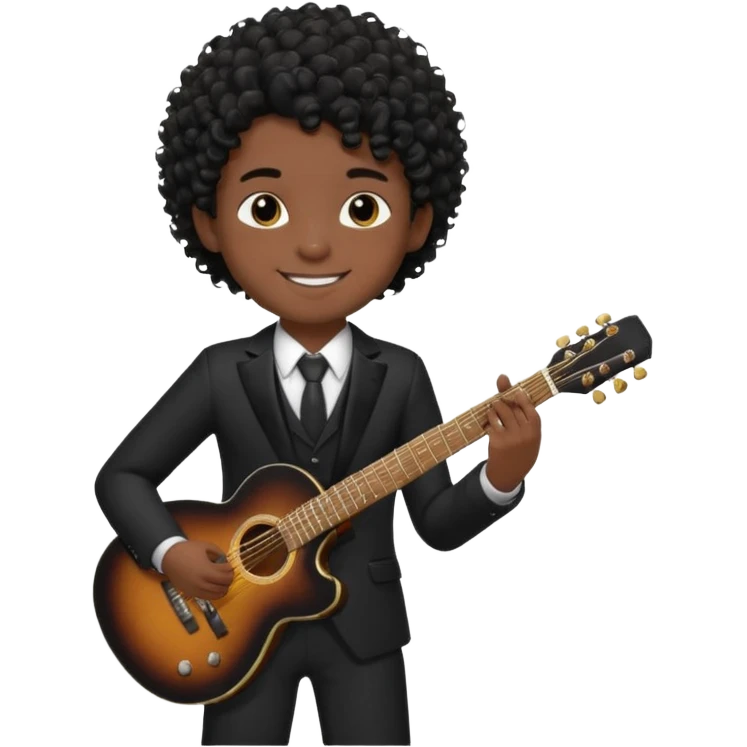 A boy with black fade curly hair Smiling and holdijg a guitar in a black suit  emoji