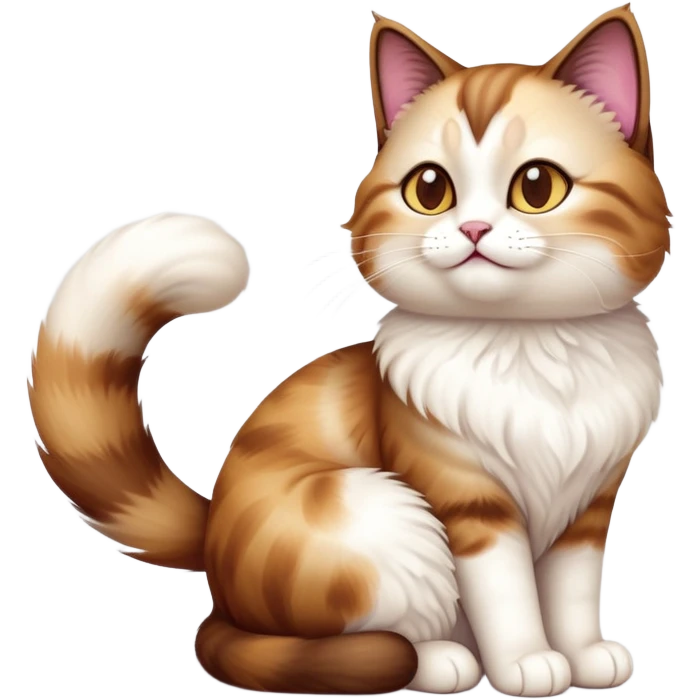 cinematic-[showshoe cat]-realistic-full-body-sitting-emoji,-tail-curled-playfully-around-its-paws,-head-tilted-dramatically,-fluffy-[brown and white]-fur,-simplified-yet-realistic-focused-features,-highly-detailed,-glowing-with-an-almost-sarcastic-glow emoji