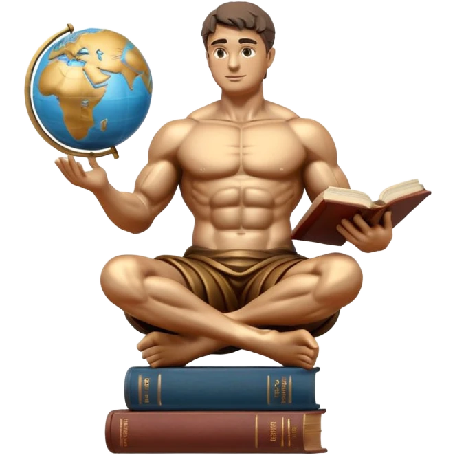 sculpted muscular stoic statue sitting on books, reading, with a globe in the background, emoji style emoji