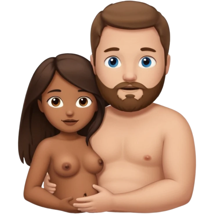 chubby white guy with brown hair and beard and blue eyes, holding a brown girl with long dark hair and dark brown eyes in arms, naked, showing tits emoji