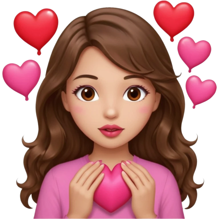 girl with long wavy brown hair, brown eyes, light to medium complexion, in a pink shirt, pink lips, long lashes, puckering up for a kiss, many  hearts in hand emoji