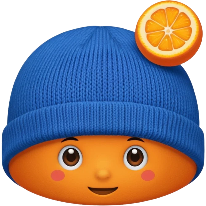 Blue beanie with an orange rim, and an orange puff dot at the top emoji