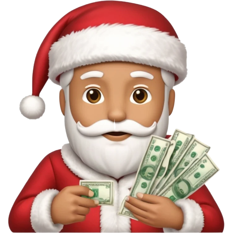 A confident rich emoji face wearing a Santa hat, money stacks, casino vibe, New Year theme, premium 3D emoji style, sharp details, no text, isolated on transparent background emoji