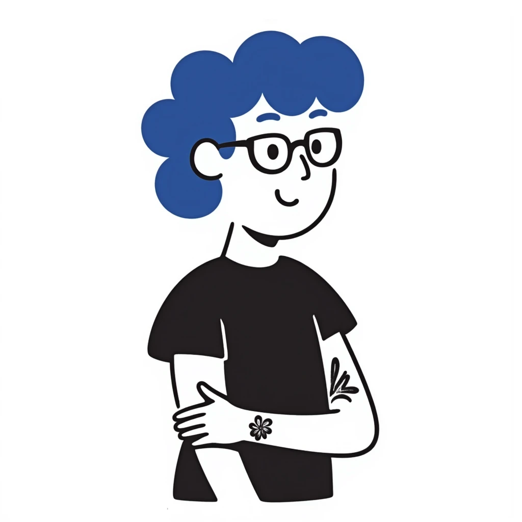 person with blue hair, glasses, and a visible tattoo, hand drawn doodle style emoji