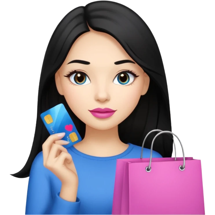 Girl with long black hair, pink lipstick, brown eyes holding shopping bags and blue credit card emoji