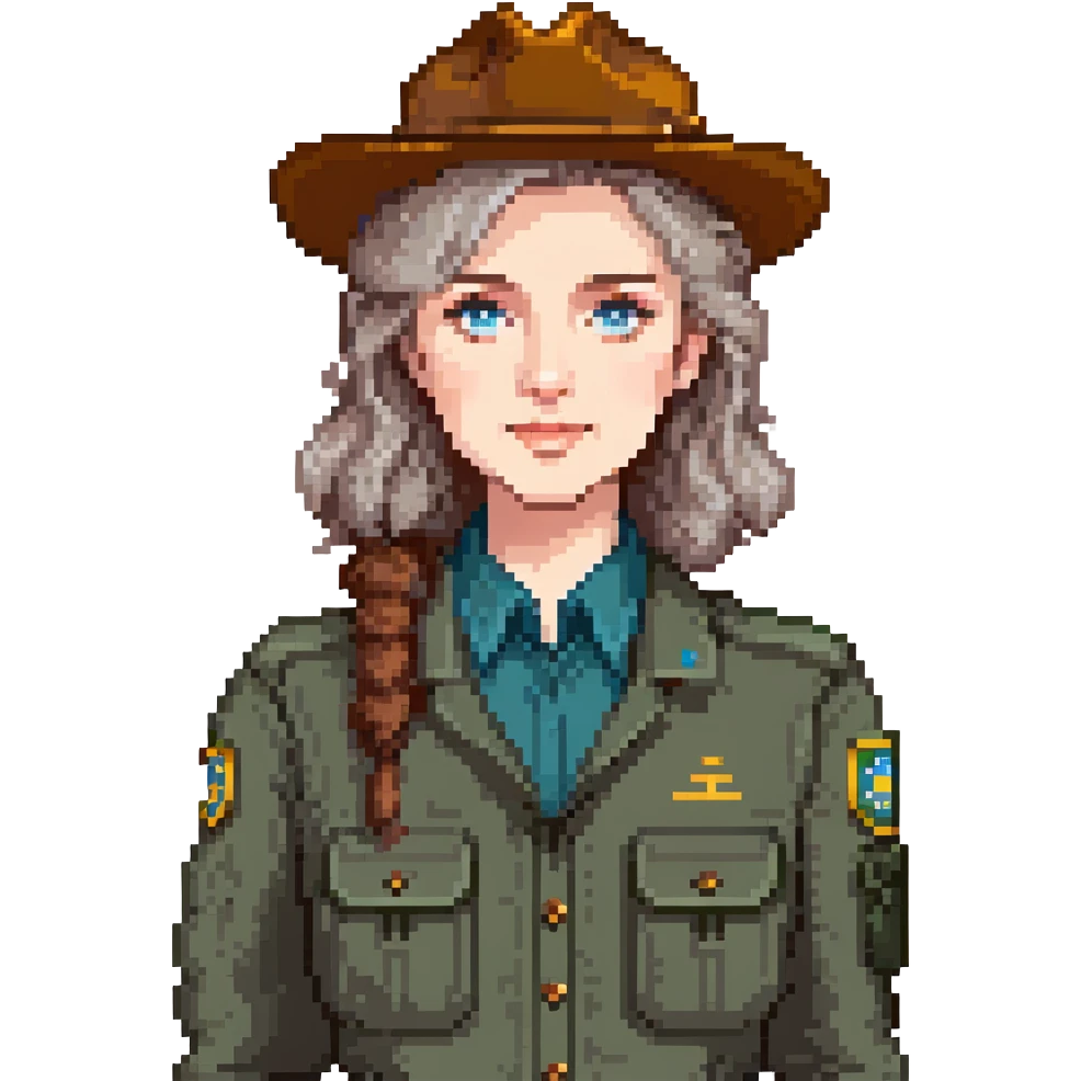 white woman park ranger with brown and gray hair and blue eyes emoji