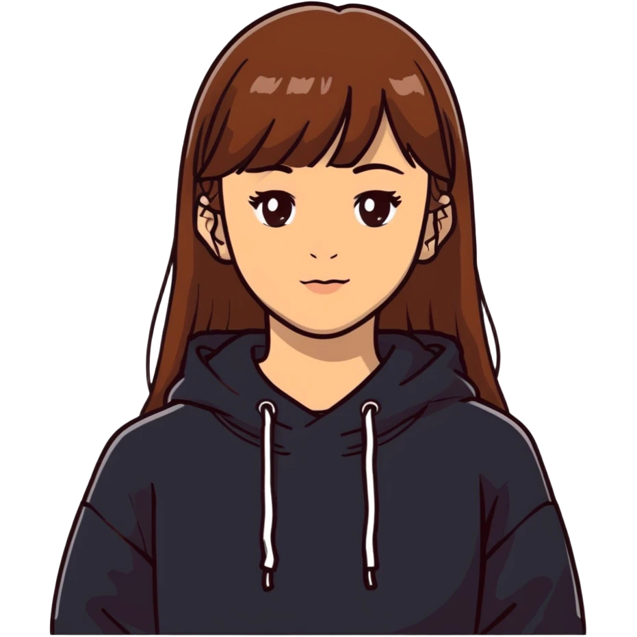 Light skinned girl with brown eyes, long brown hair with bangs, wearing a black sweatshirt emoji