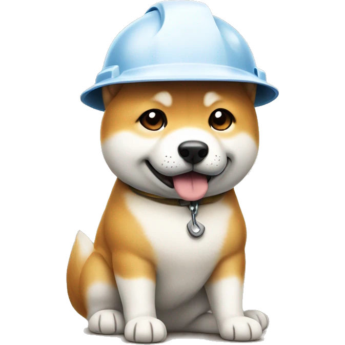 A dog wearing a hardhat, with a hammer ready to work. Cute shiba inu dog. emoji