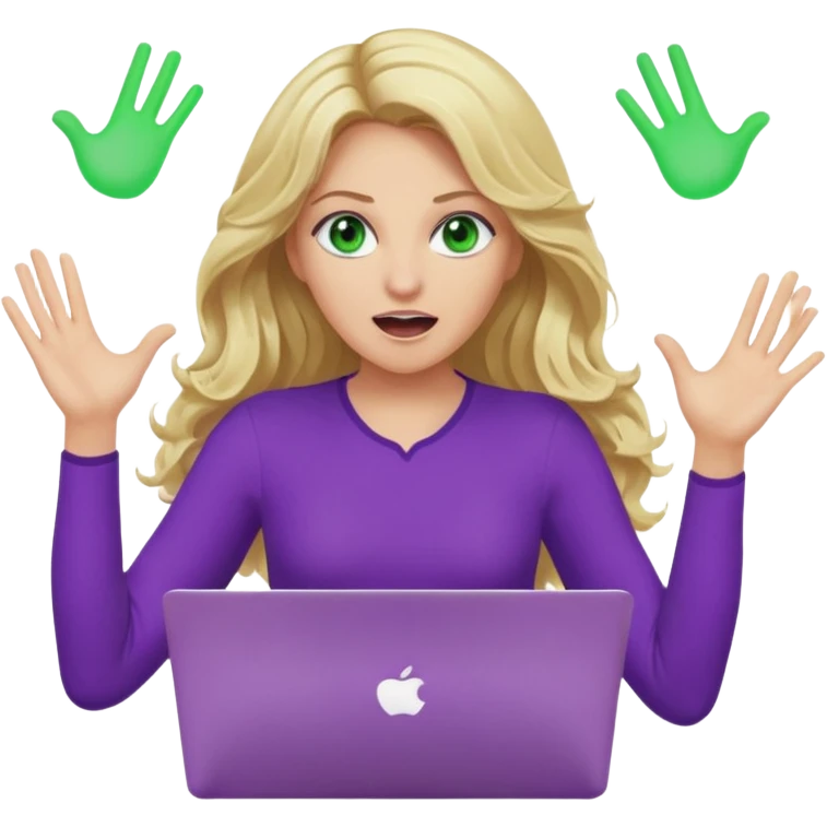 lady with long wavy blonde hair, purple top, green eyes, throwing her with a purple mac laptop hands in the air screaming, looking cross emoji