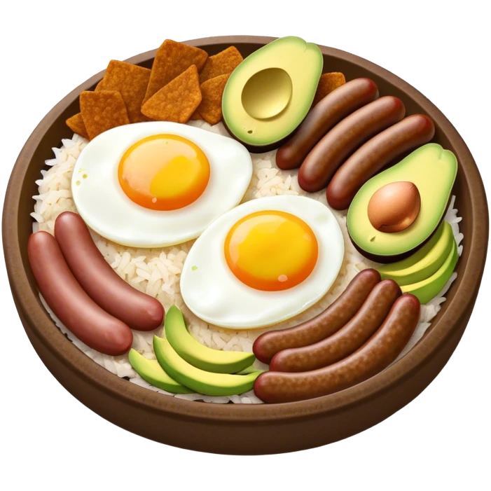 Bandeja Paisa Cinematic Realistic Bandeja Paisa Dish Emoji, depicted as a hearty platter featuring rice, beans, avocado slices, one sausage, a perfectly cooked egg, and crispy pork crackle, rendered with vivid textures and robust, inviting lighting. emoji