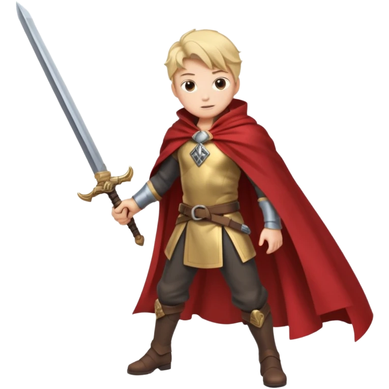 Character leaning on a sword stuck in the ground, wind whipping cape emoji