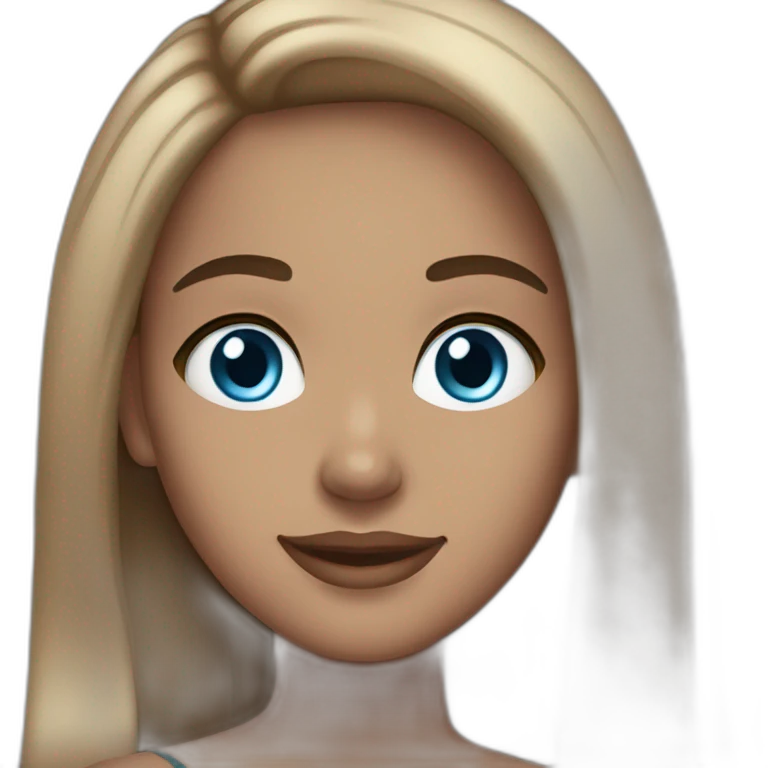 light skin woman, long straight brown hair, blue eyes, smile and makeup emoji