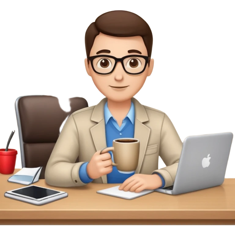 cool teacher with a coffee mug casual clothes sitting at a desk emoji