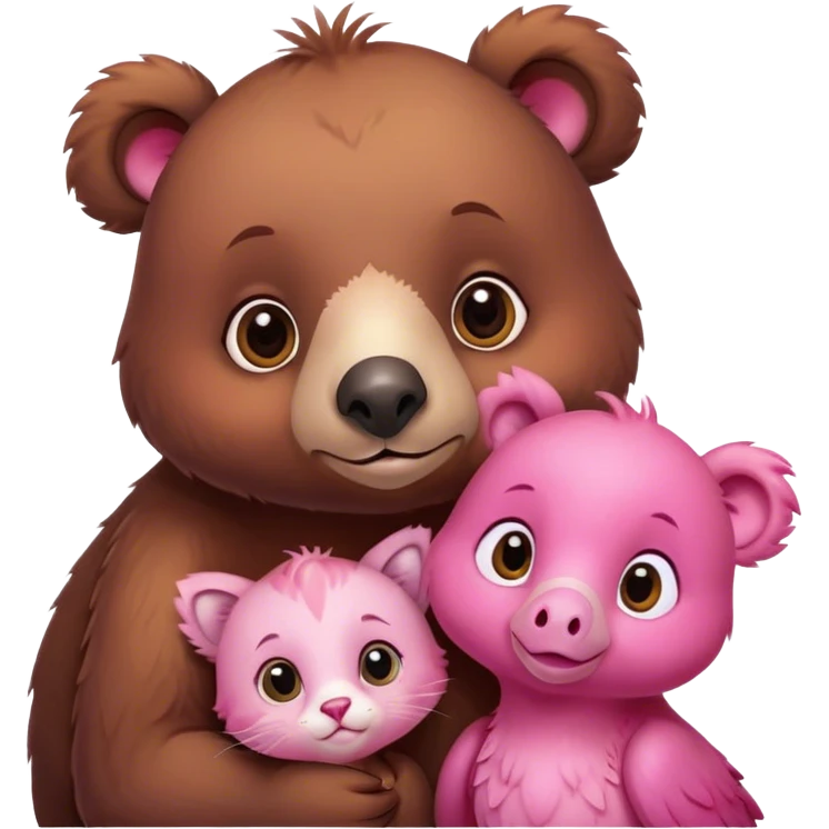 A cute brown bear and a realistic cute pink dodo closely together. They brought a brown kitten emoji