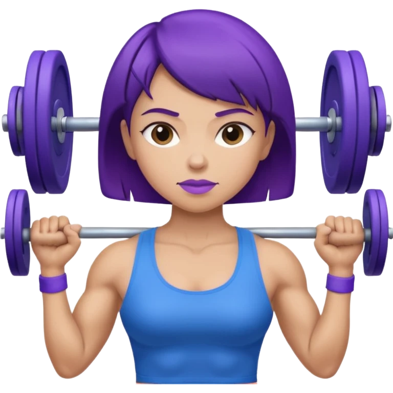 weight lift woman short blue purple har muscles bar is not growing from head emoji