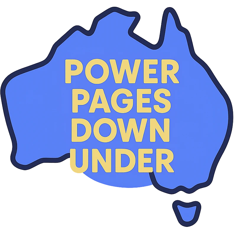 modern clean icon of Australia map with no border, text 'Power Pages Down Under' in bold geometric font, color scheme #403DAD, vibrant purple, #fff7ad, no Power Pages icon, no digital overlays emoji