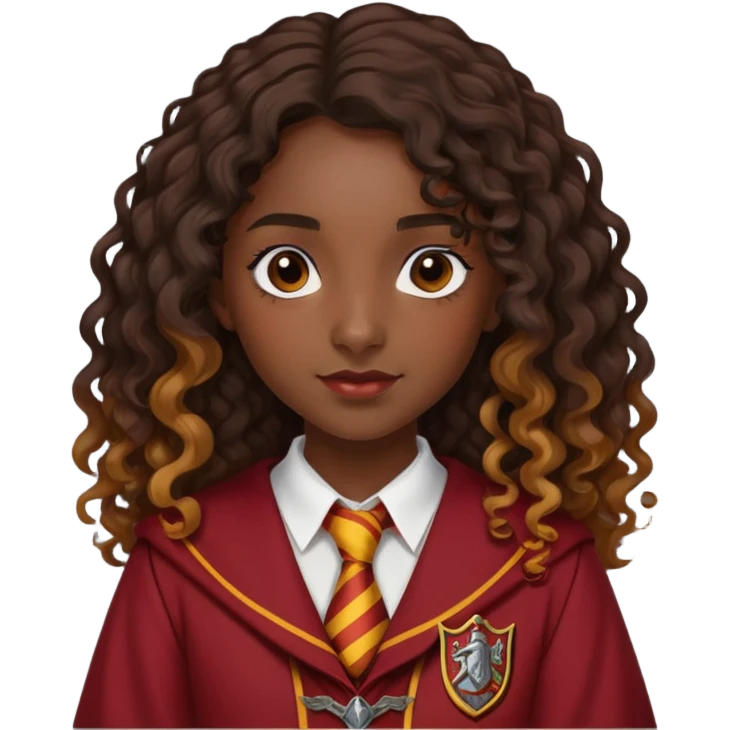 Alicia Spinnet in harry potter, wear hogwarts gryfindor uniform, long, dark, curly or wavy hair, dark skin emoji