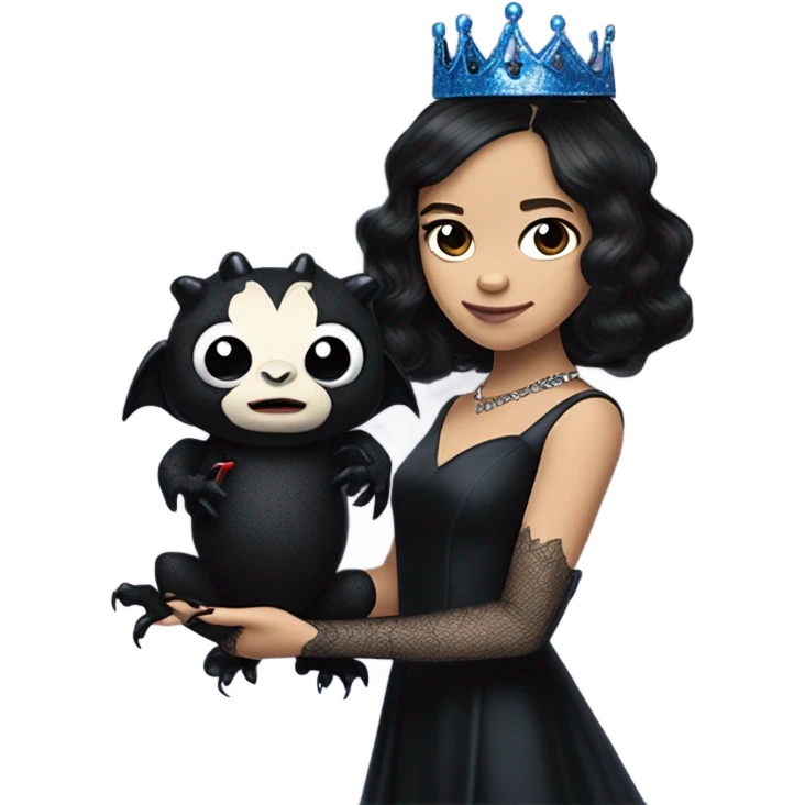relaxed low-cut back silk black evening gown with lace gloves, Jenna Ortega as Addams woman prom queen wearing a mini tiara, very large blood blue evil-looking horned old dragon hand puppet emoji