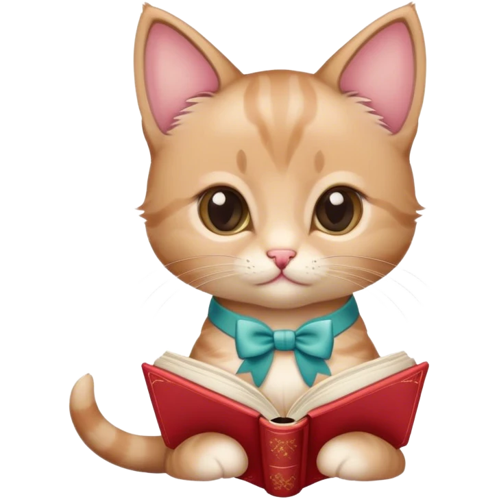 a cute kitten with a bow reading a romance book emoji
