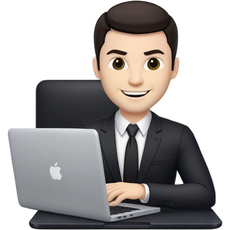 memoji of a white male realtor with a laptop in front, modern, dark hair, evil smile emoji