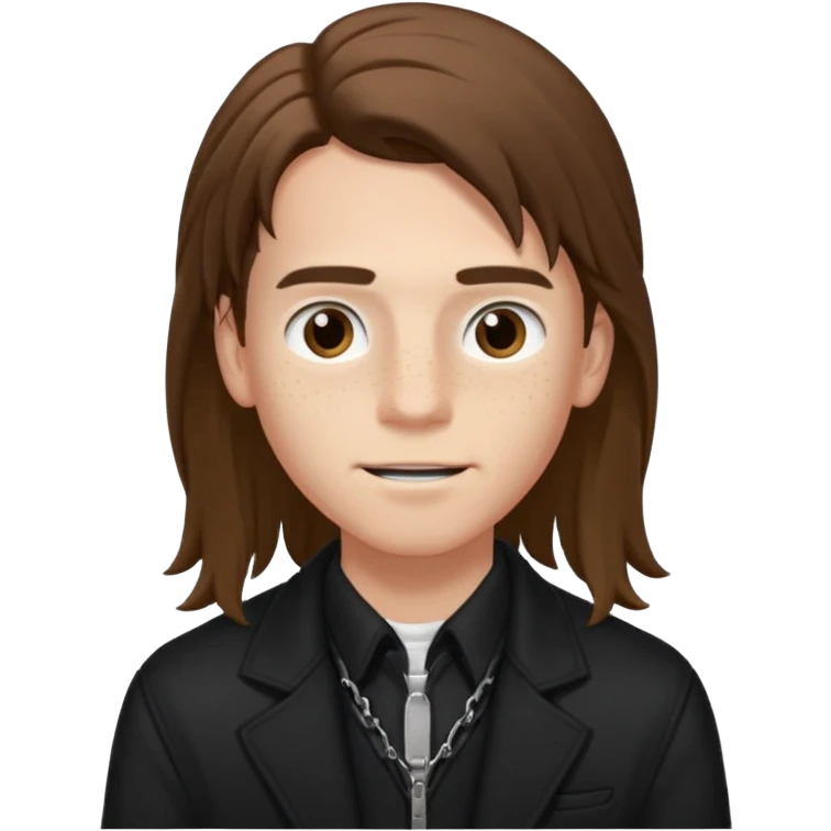 Un chico con pelo largo, que le llegue hasta las cejas, tiene pecas, brackets, ojos cafés oscuros y con una chaqueta negra emoji