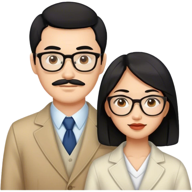 An Asian woman with black hair and a Russian guy with brown hair and mustache with glasses in Japan emoji