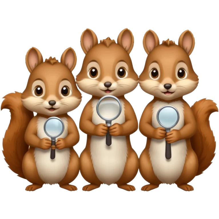 multiple cute squirrels each holding a huge magnifying glass, searching for something together, emoji style emoji