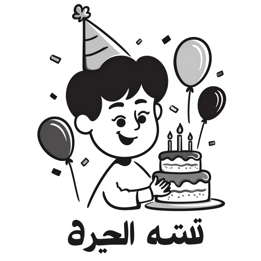 Extremely colorful and bright drawing of a cheerful boy with a birthday cake, rainbow colored decorations and party elements. At the bottom in large, bold, prominent Persian text write: "امیدرضا جان تولدت مبارک" emoji