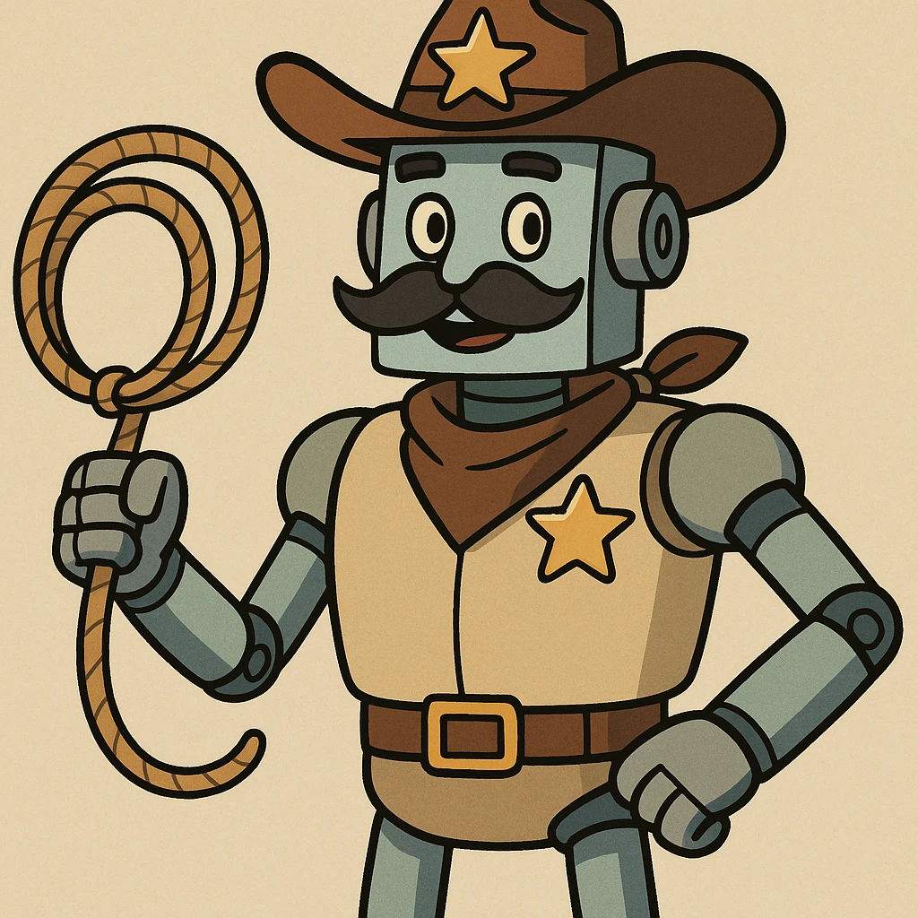 robot sheriff with a mustache, holding a lasso, wearing a sheriff hat, friendly expression, simple style emoji