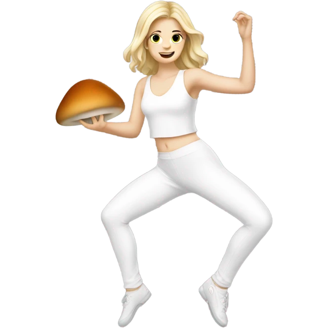 White Girl wearing an all white dancing outfit dancing with a mushroom  emoji