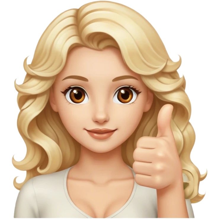 Luxury blonde model, brown eyes, wavy hair, thumbs up emoji