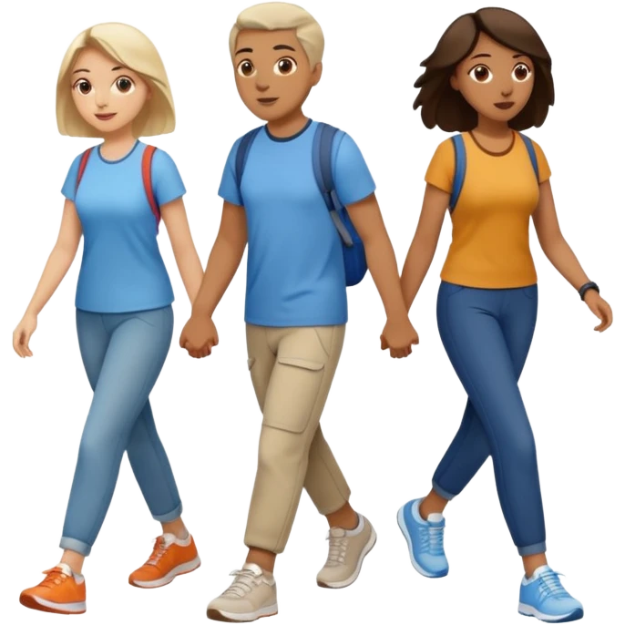 iOS emoji style - a men and 2 women in casual clothes and wearing trainers. Walking in the same direction quickly together. 
Not holding hands. 
 emoji