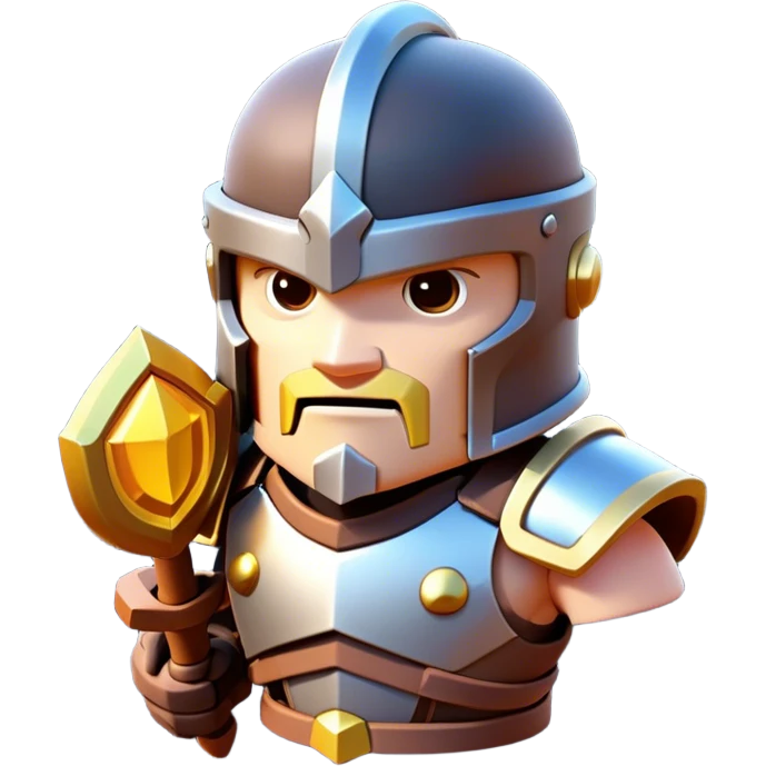 Clash of Clans aesthetic: Cinematic Playful 3D Isometric Armor Portrait Emoji, rendered in a 3D vector-style similar to standard emojis with minimal shading and bold, simplified shapes. A compact, distinct form with signature details, softly glowing with a fantasy RPG magic charm. Simplified yet unmistakably iconic, highly detailed and consistent, glowing with a soft radiance and high shine. Stylized with a touch of heroic grandeur and a soft glowing outline, capturing the essence of a beloved gaming relic with a friendly, playful manner! emoji