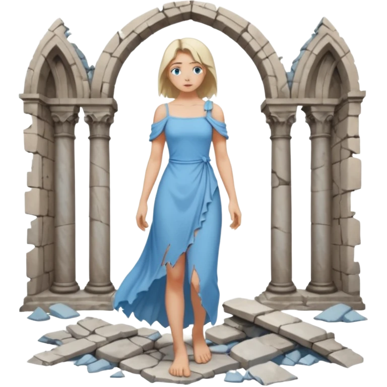 Female figure standing barefoot in ruined cathedral, dress slipping from shoulder emoji