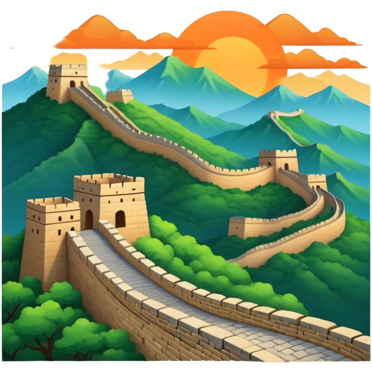 Great Wall of China, simplified emoji style with bold outlines and bright colors, cartoon style ancient wall on mountains emoji
